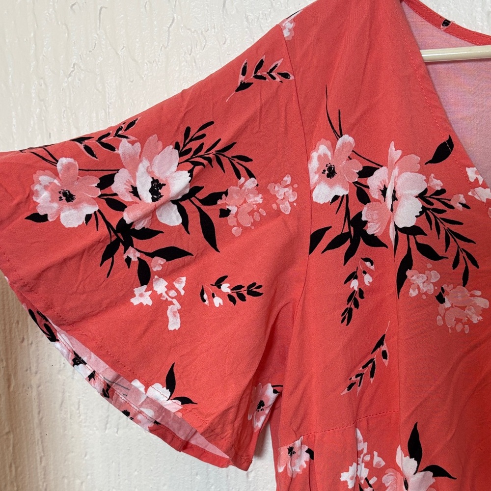 Torrid Coral Floral Midi V-Neck Flutter Sleeve Dress Women Size 0 (12-14) - Picture 6 of 11